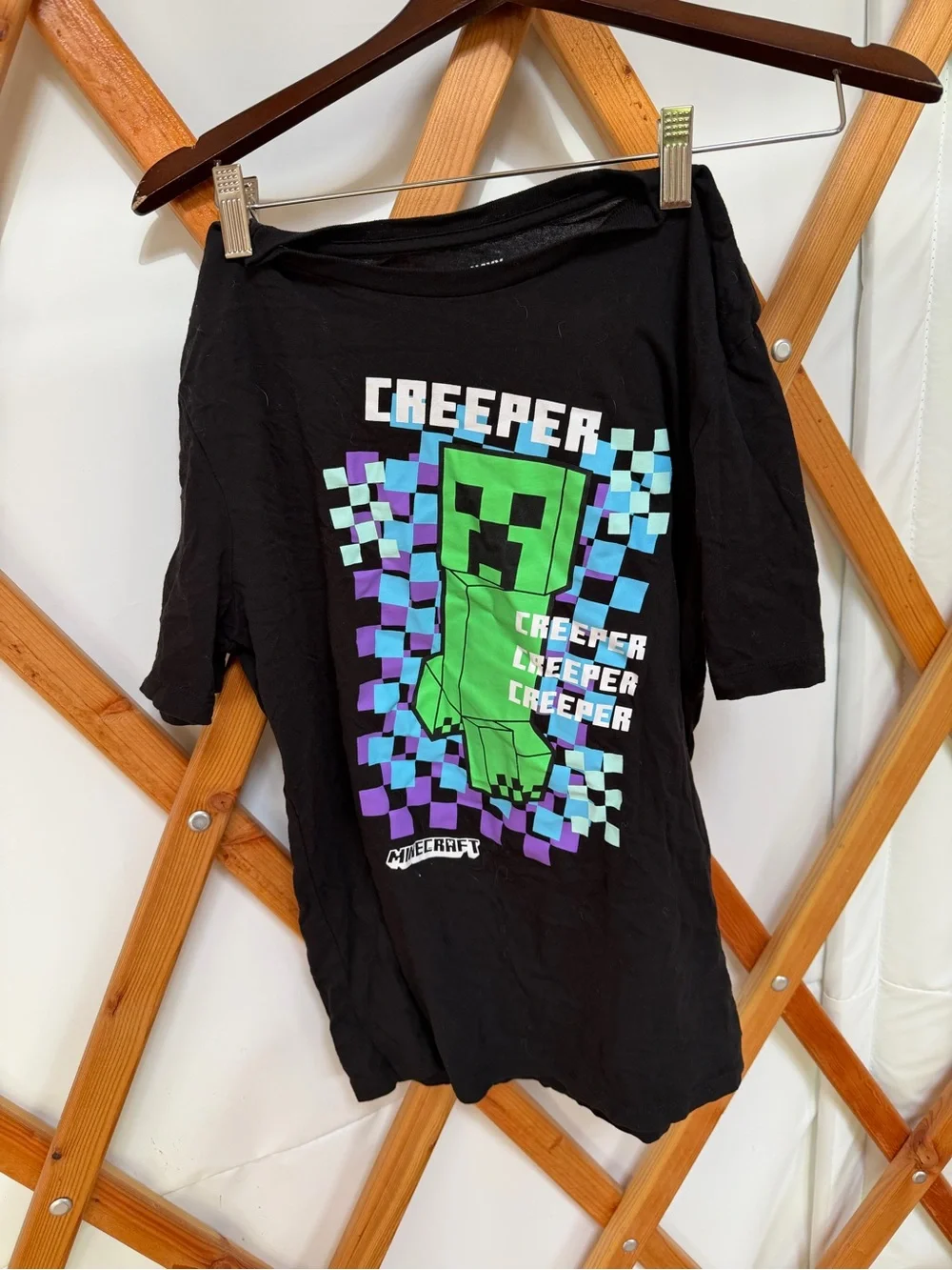 Old Navy Black Tee with Green Creeper and Purple & Blue Check Graphic